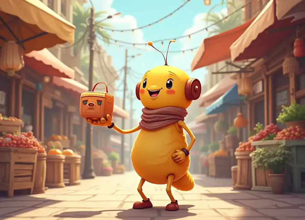 신비데이즈 캐릭터가 활기찬 시장 거리에서 인사하는 모습, 따뜻한 분위기와 생동감 넘치는 색감이 돋보입니다.