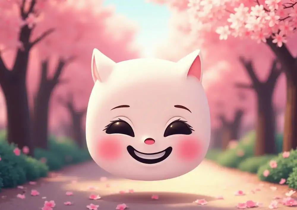 귀여운 고양이 얼굴이 웃으며 행복한 표정을 짓고 있는 일러스트입니다.