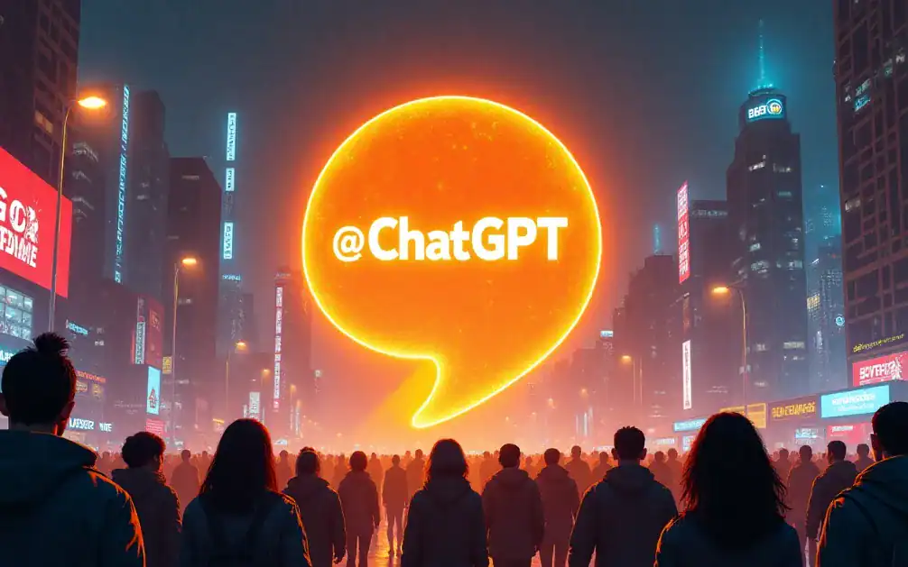 AI 챗봇 @ChatGPT가 떠오르는 도시 야경 속에서 빛나는 모습.