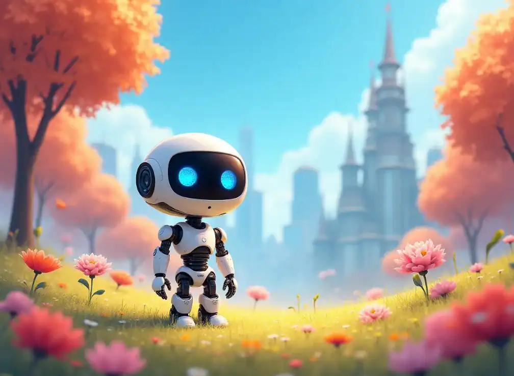 Robot AI yang selaras dengan alam di tengah pemandangan musim gugur yang indah.