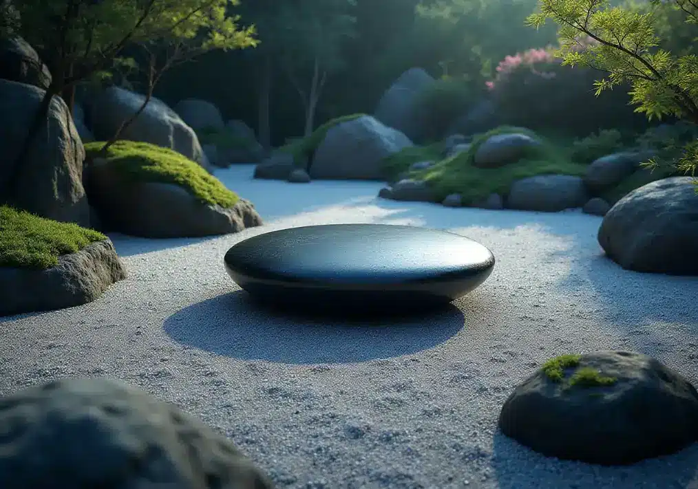 잔잔한 정원 돌 의자와 자연 풍경.