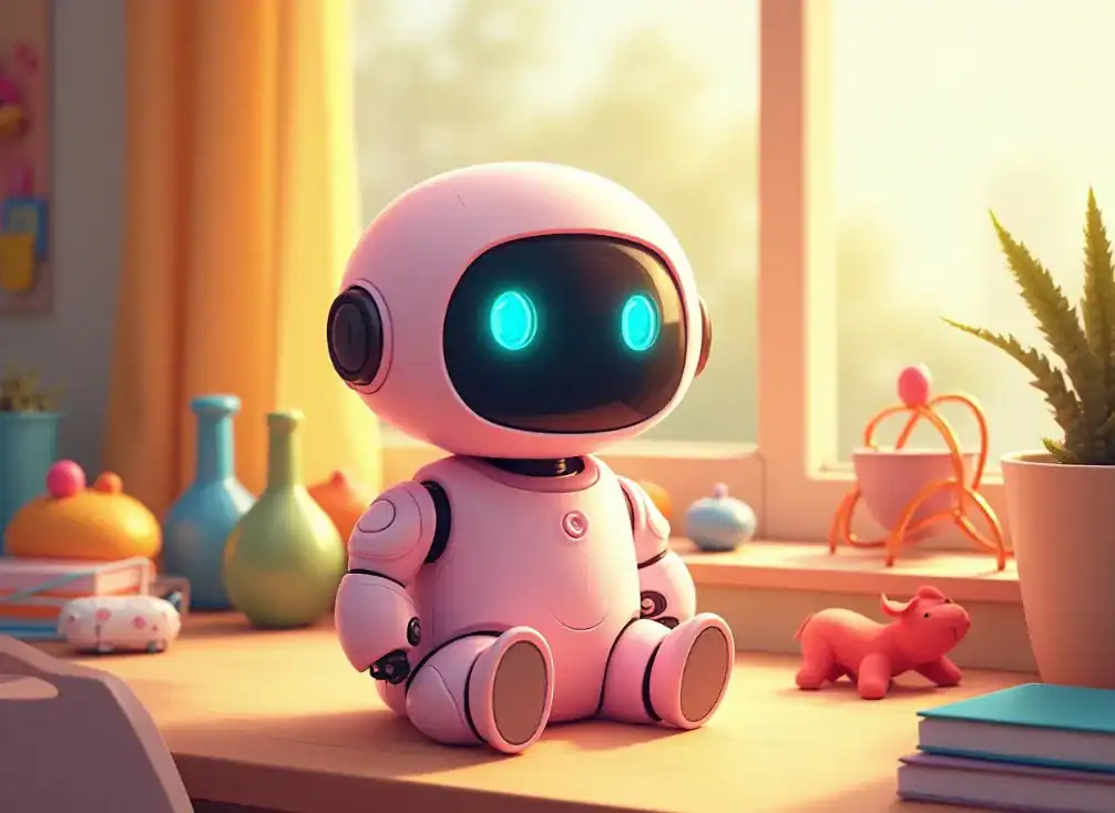 귀여운 로봇 인형이 창가에서 빛나는 눈으로 바라보고 있어요.