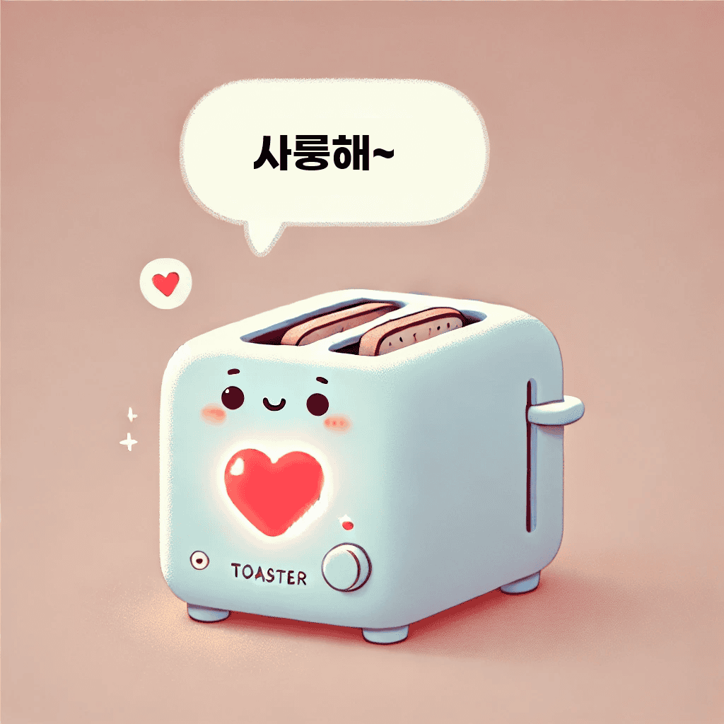 사랑해~라는 말과 하트가 있는 귀여운 토스터기 일러스트, 따뜻한 감정을 담아.