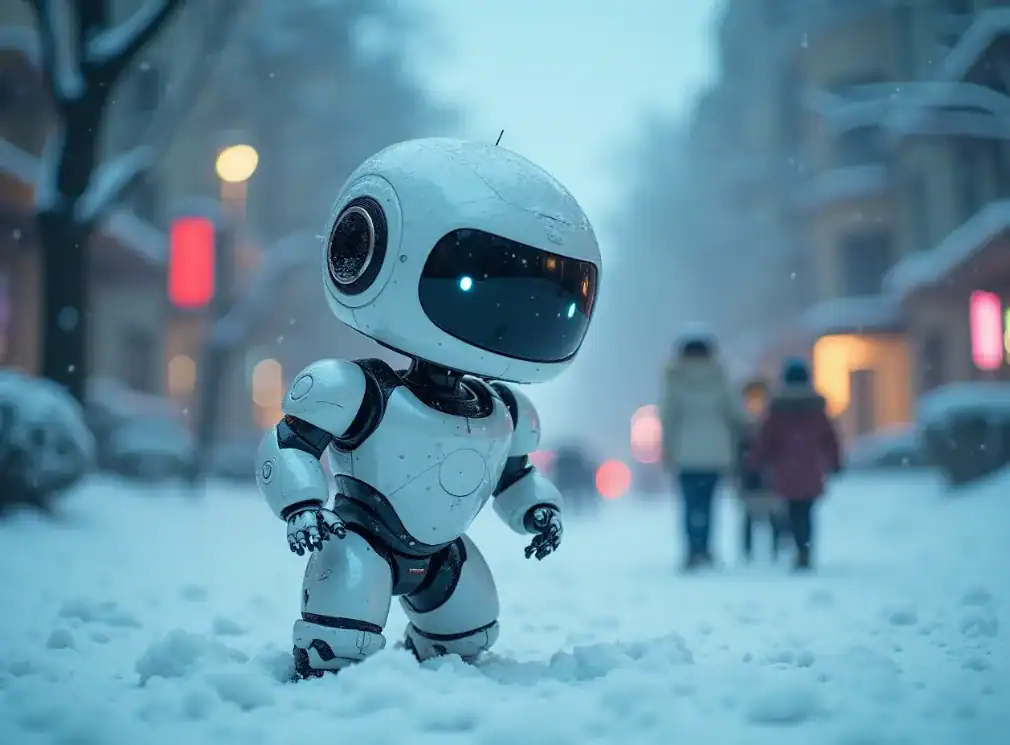 눈 속에서 걷는 귀여운 로봇, 따뜻한 도시 배경과 차가운 겨울 풍경이 어우러져 있어요.
