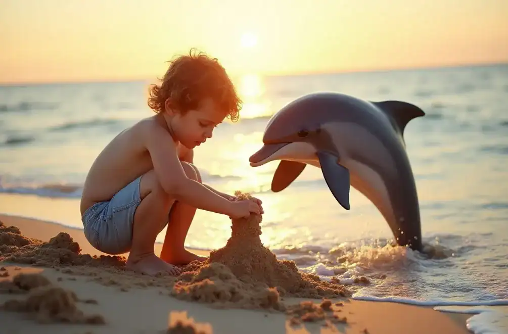 イルカと子供がビーチで一緒に遊んでいる。