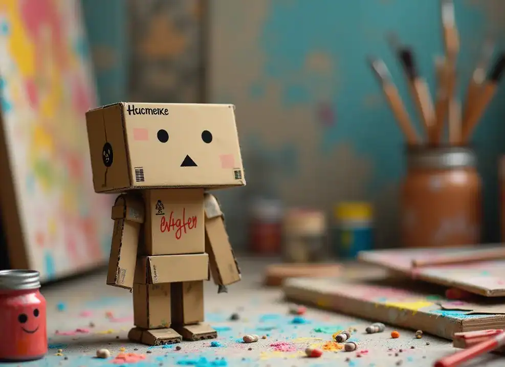 박스로 된 로봇 모형이 책상 위에 서 있다.