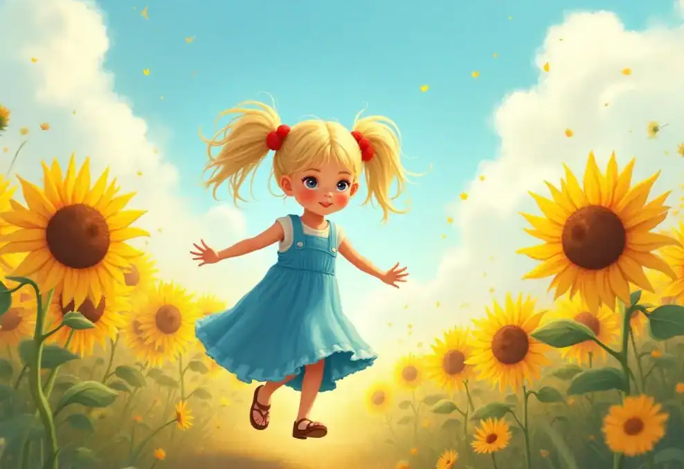 귀여운 소녀가 해바라기 밭에서 뛰며 행복한 표정을 짓고 있어요.