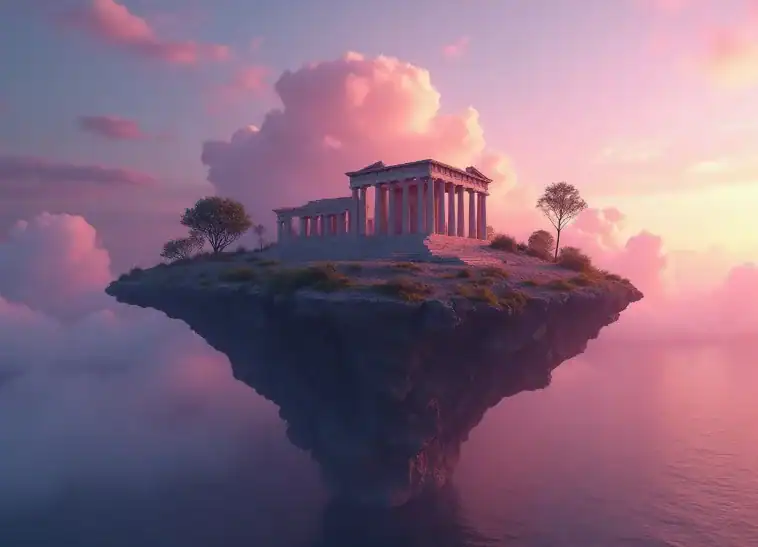 An ancient Greek temple floating above an island with a beautiful sunset.
