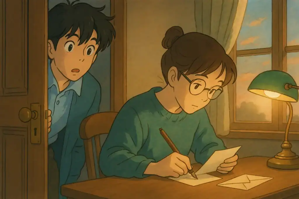 집에서 편안하게 글을 쓰는 여성과 놀라는 남성 모습, 따뜻한 조명과 자연스러운 분위기.