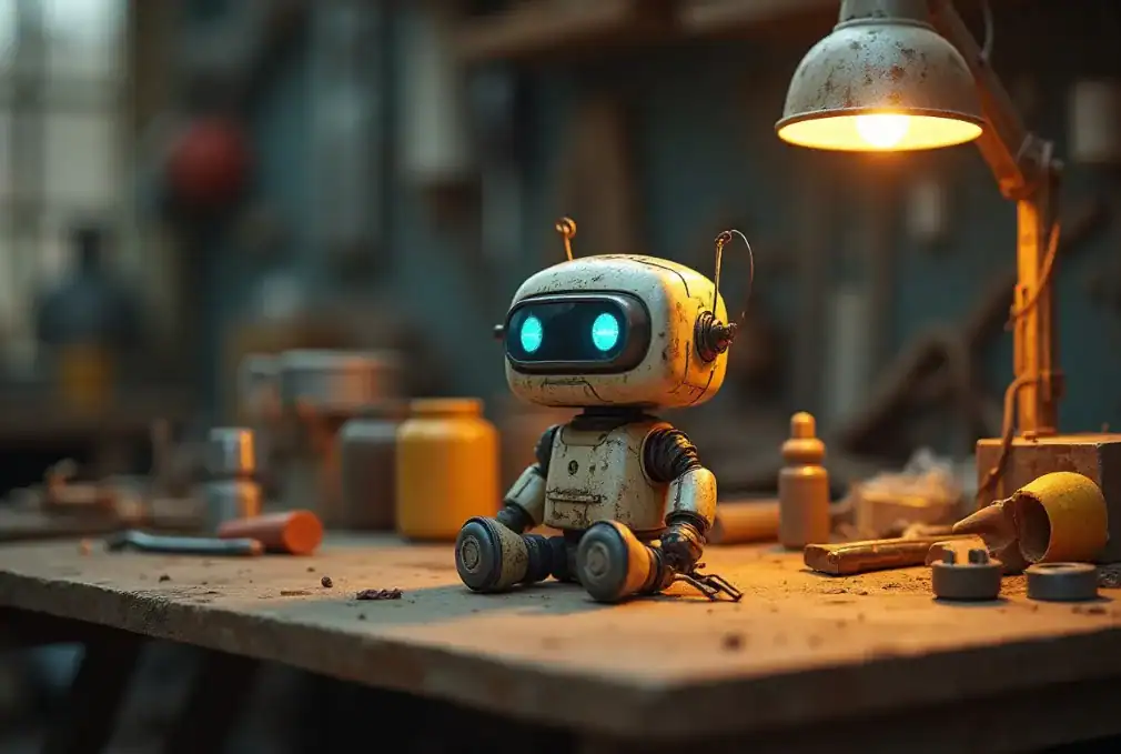 인공지능 작은 로봇이 책상 위에 앉아 있다.