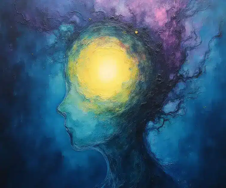 뇌 안의 파동을 표현한 다채로운 수채화 이미지.