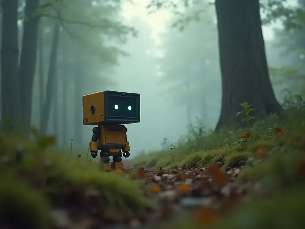 寂しそうに見えるAIロボットが森の中にいる。AI対話を通じて深い無意識を知ることができるというメッセージ。