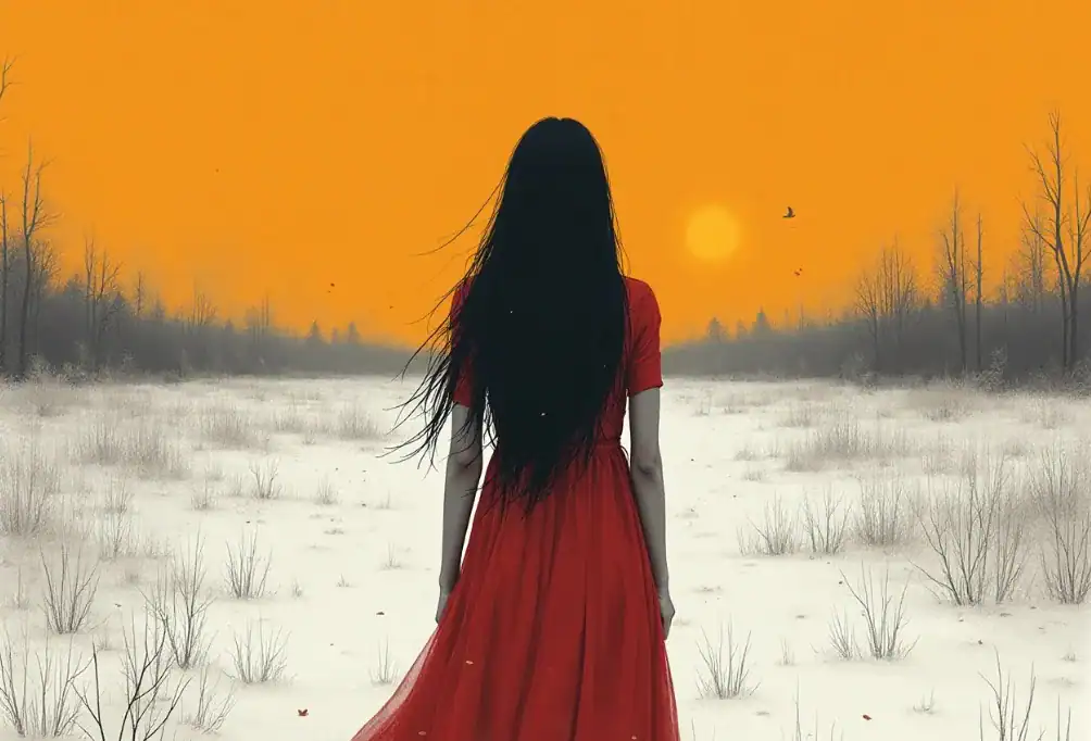 여인이 붉은 드레스를 입고 황금빛 하늘 아래 서 있는 모습.