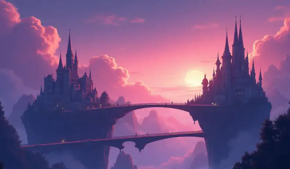 신비데이즈 블로그를 위한 아름다운 성과 다리의 일몰 풍경 사진.