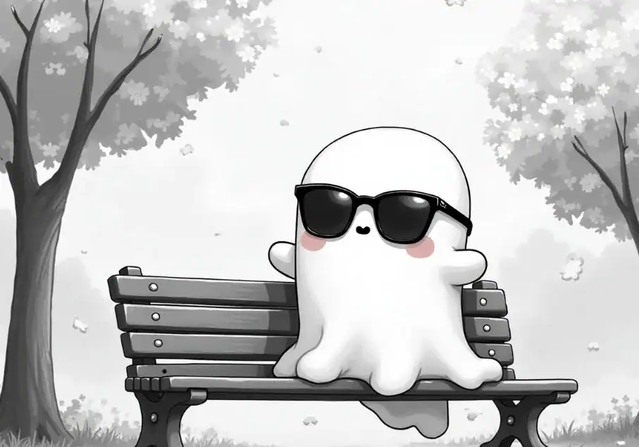 유령이 벤치에 앉아 선글라스를 끼고 있는 귀여운 일러스트.