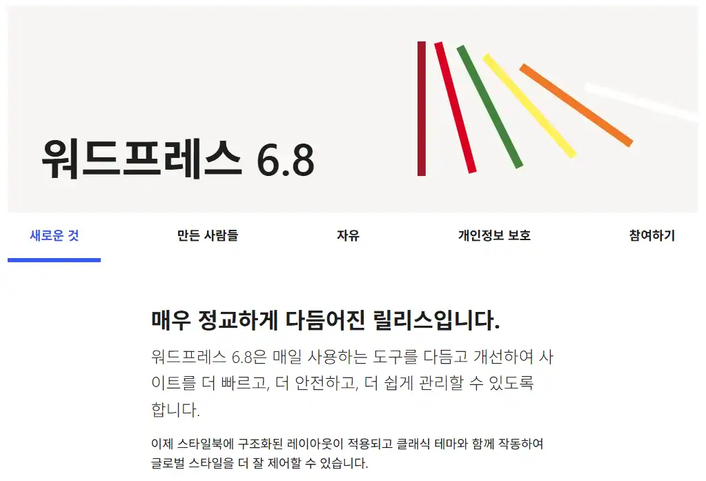 워드프레스 6.8 버전과 호환성 검증하는 모습.