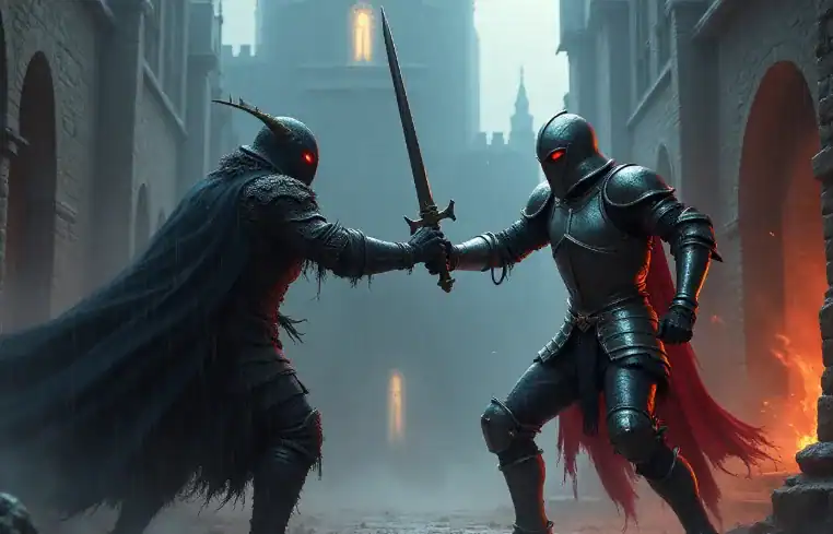 恐ろしい騎士の鎧をまとった2人が互いに戦っている。