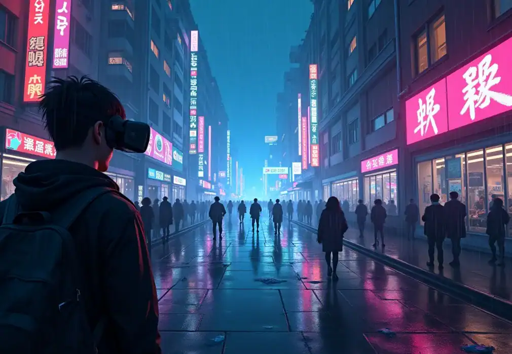 도시 거리에서 가상현실 VR 헤드셋을 착용한 사람과 사람들이 걷는 모습.