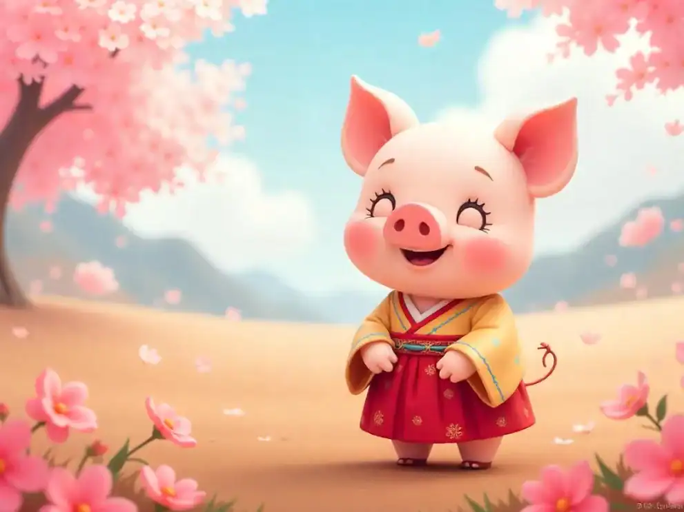 귀여운 돼지 캐릭터가 봄날 벚꽃 아래서 웃고 있는 모습.