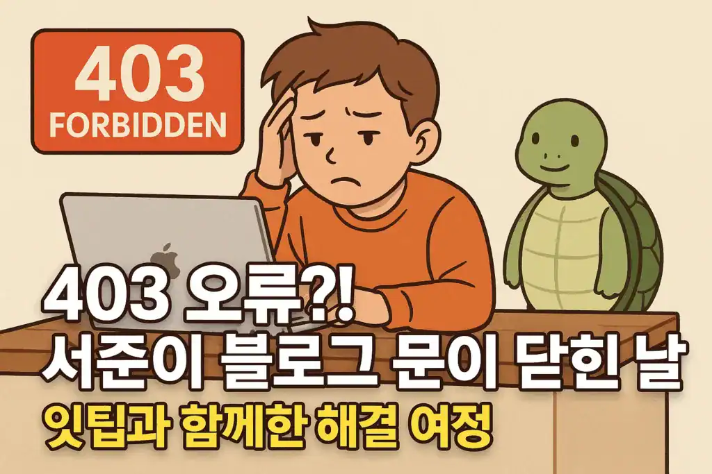서준이 블로그 접속 실패와 해결 과정을 보여주는 그림.