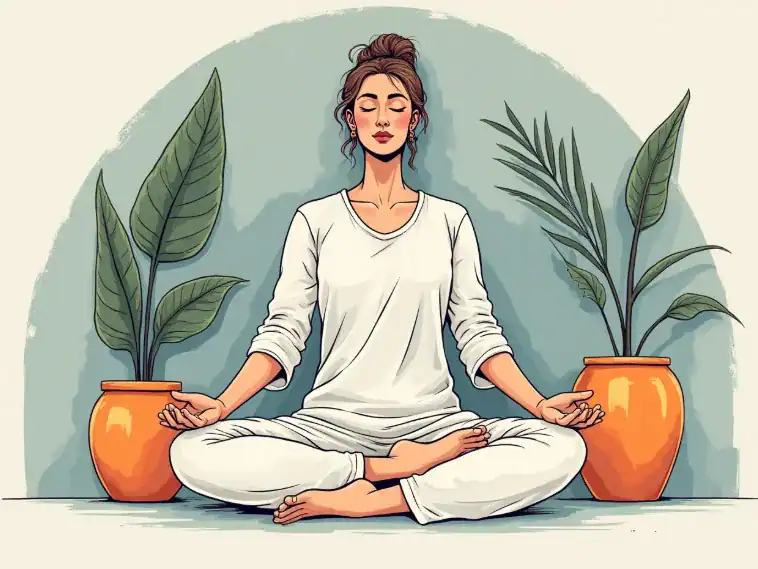 도파민 디톡스와 명상의 효과를 보여주는 평화로운 여성 그림.
