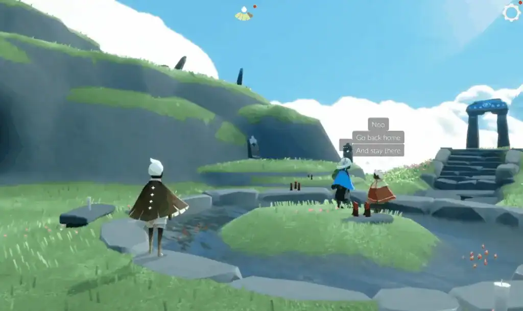 Friends conversing amidst peaceful sky and nature.