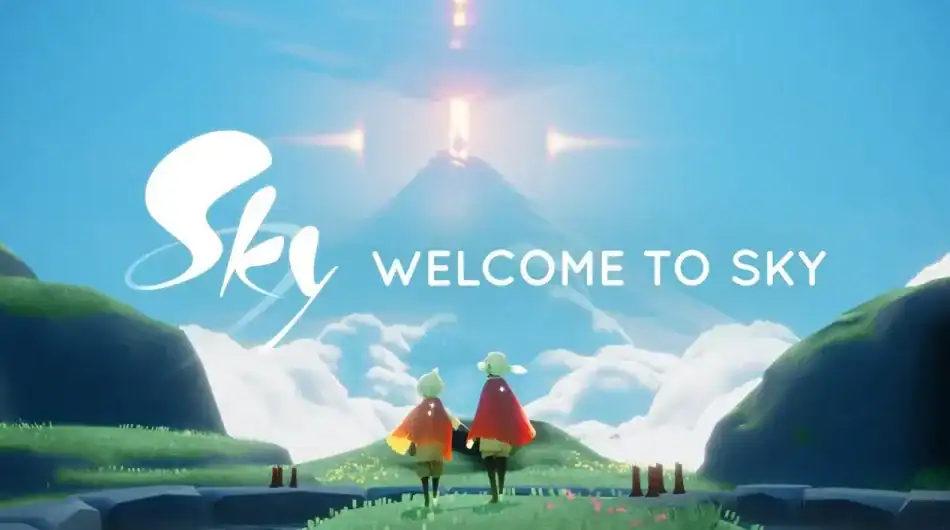 하늘을 배경으로 두 사람이 함께 걷는 모습, 평화롭고 힐링이 느껴지는 풍경.