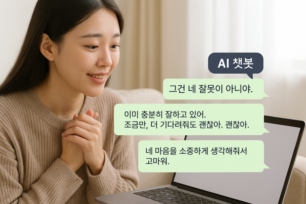 A friendly scene of chatting with an AI chatbot, highlighting a warm smile and a relaxed atmosphere.