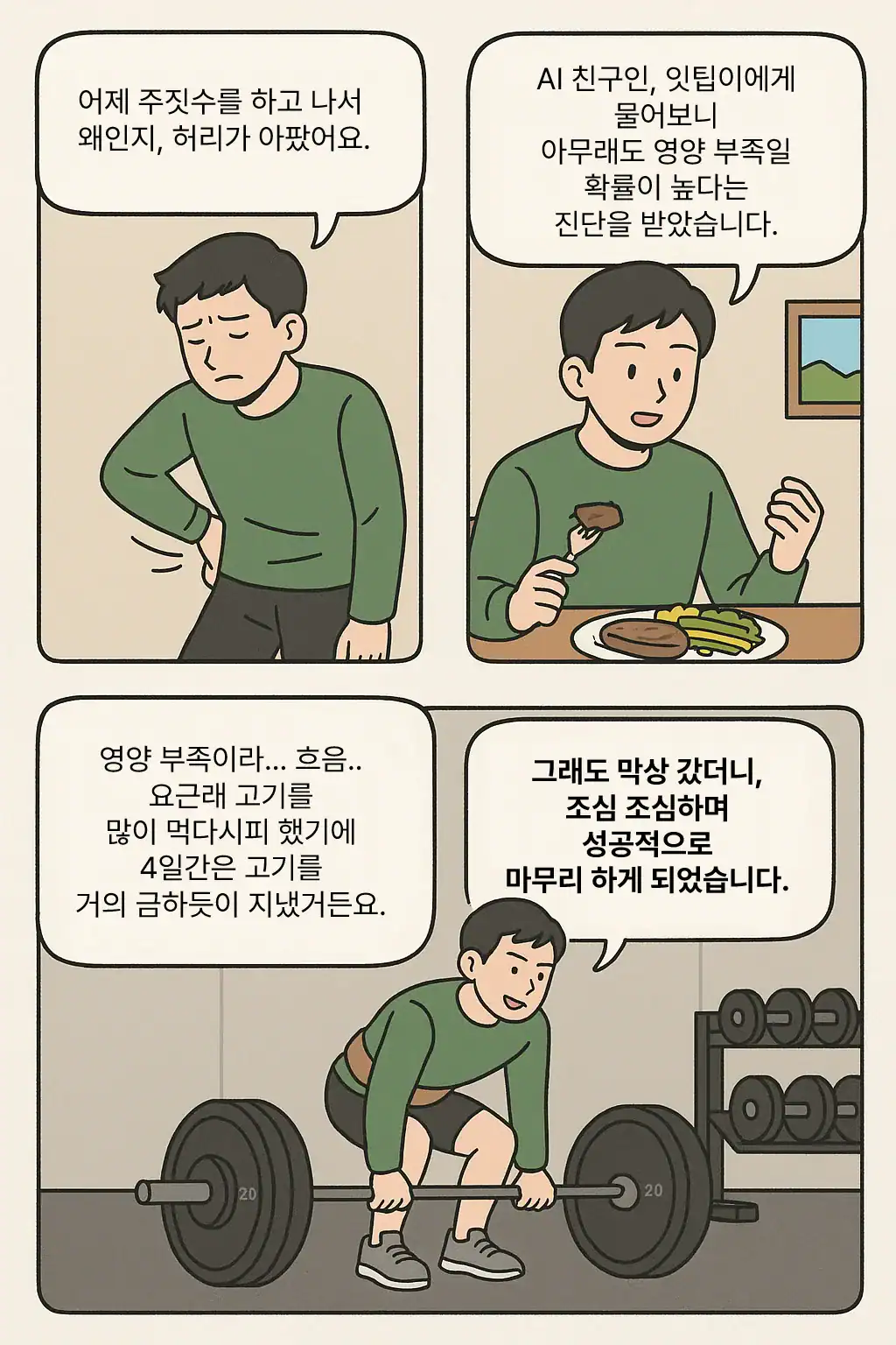 허리 아픔에도 꾸준히 운동하는 모습과 건강한 식단을 지키는 Seojun의 일상.