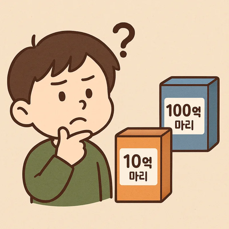 프로바이오틱스의 수량 차이와 효과를 쉽게 설명하는 그림입니다.