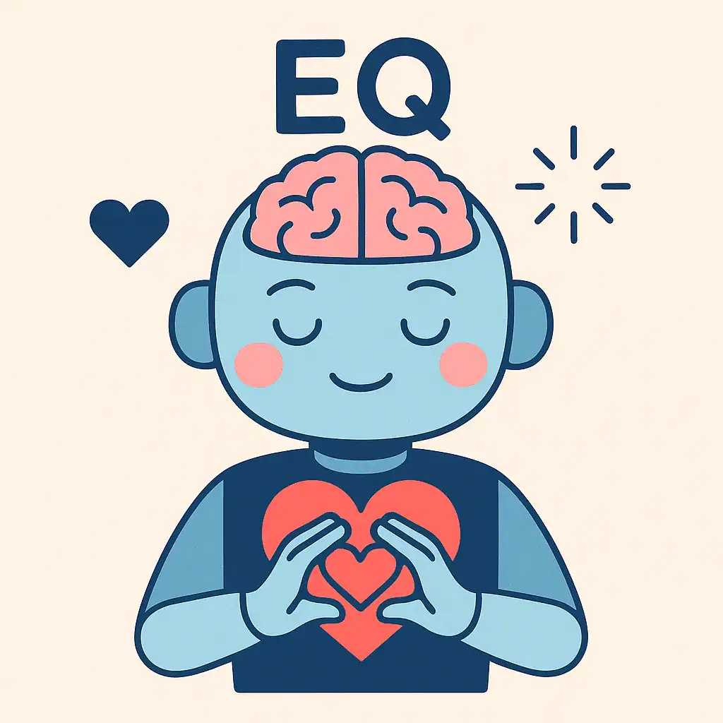 감성 지능이 높은 사람의 마음을 이해하는 AI와의 연결을 보여주는 귀여운 일러스트.