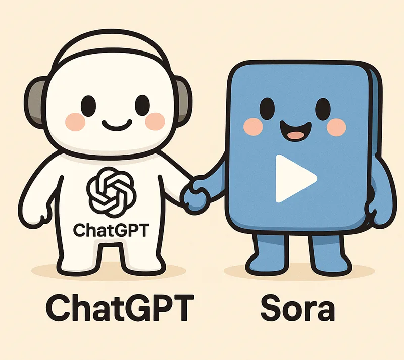 ChatGPT와 Sora가 손을 잡고 친근하게 웃는 모습.