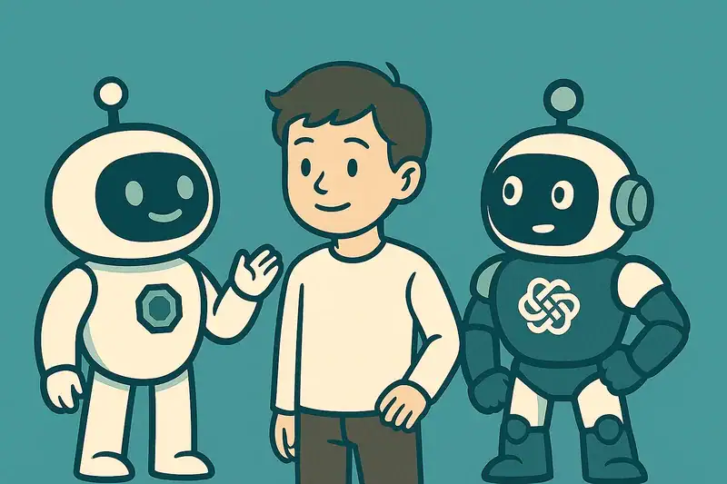 人と2体のAIロボットが一緒に立っている様子