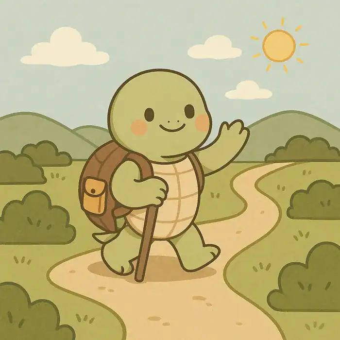 Seekor kura-kura lucu berjalan sambil tersenyum.