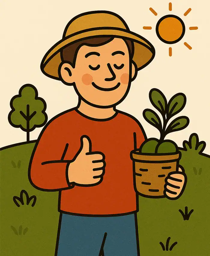 농부가 식물을 들고 엄지척을 하고 있다. 일러스트 이미지.