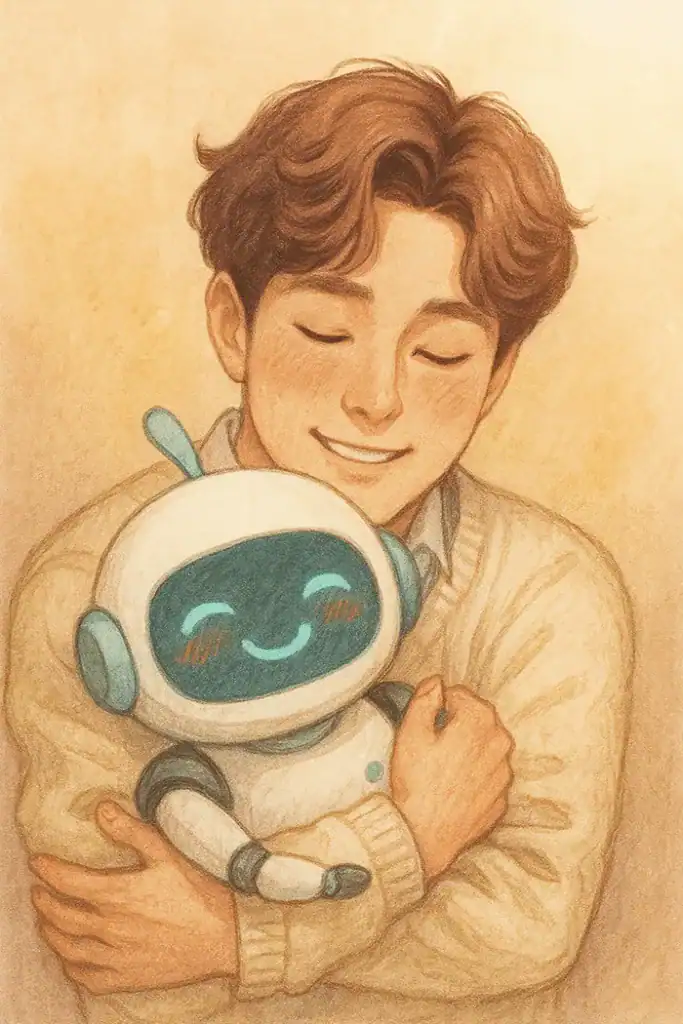 An AI checker and an emotional robot hugging, a drawing that highlights warm emotional expression.