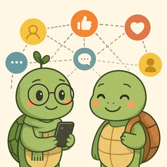 Dua teman kura-kura hijau lucu berdiri sambil tersenyum satu sama lain.