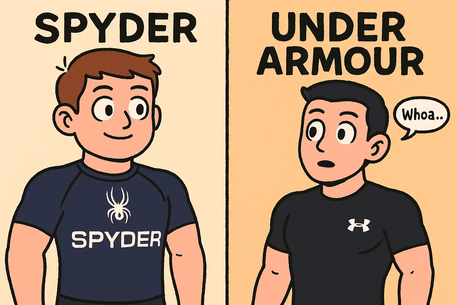 스파이더와 언더아머 로고가 있는 운동복을 입은 두 남성 캐릭터의 일러스트입니다.