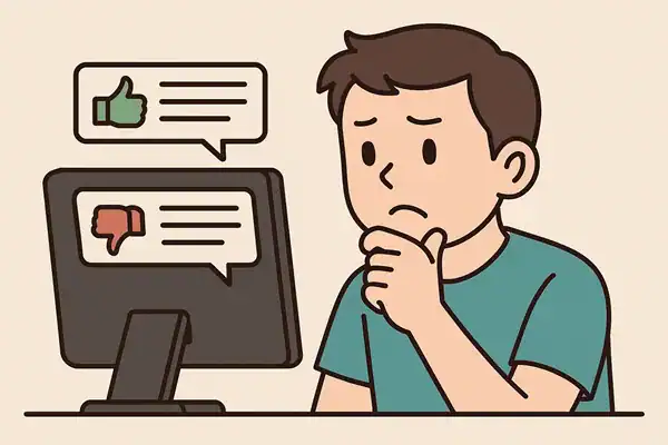 Ilustrasi seorang pria melihat komunitas dengan reaksi positif atau negatif.