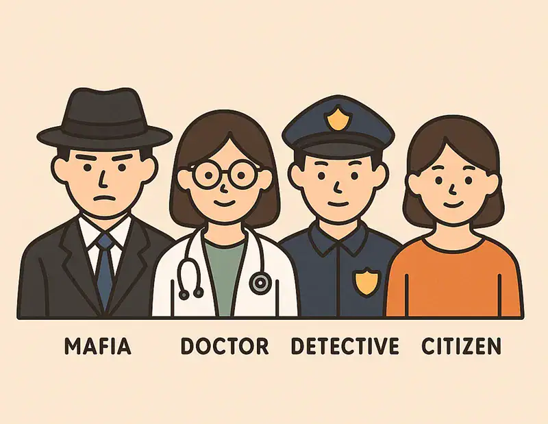 An illustration showing the different Mafia game roles side by side.