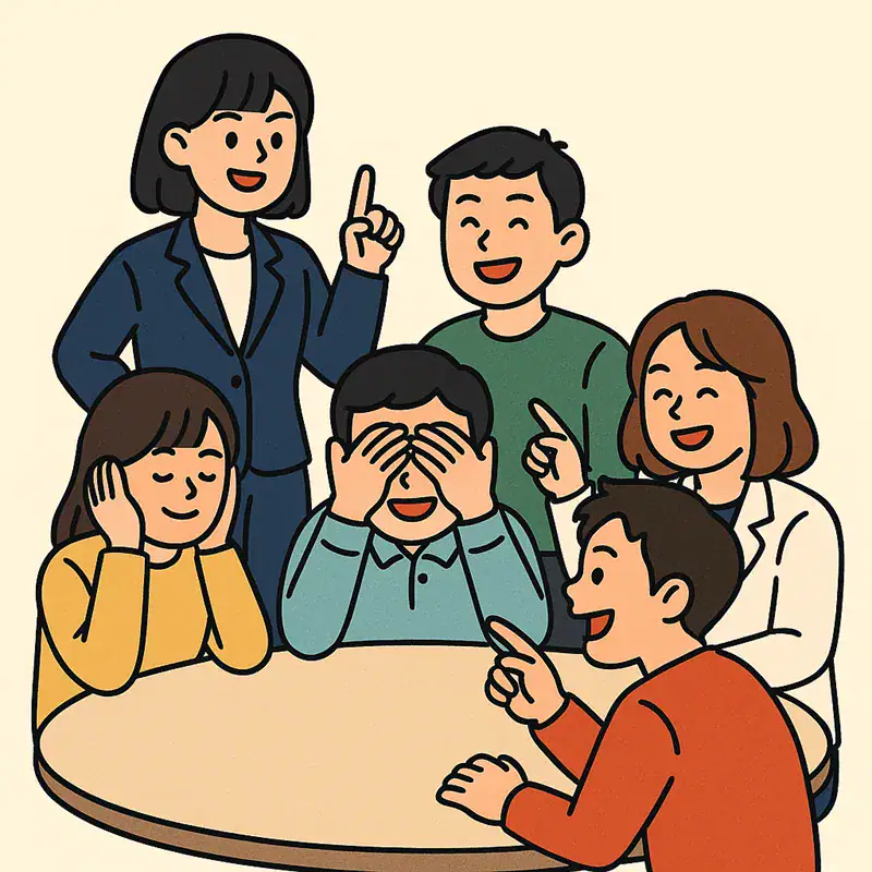 A group of people gathered together having fun playing the Mafia game.