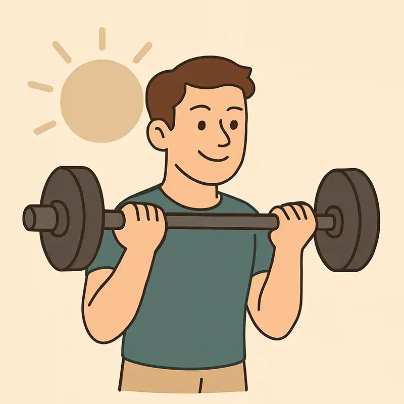 햇살 아래서 바벨을 들고 운동하는 남자의 미소