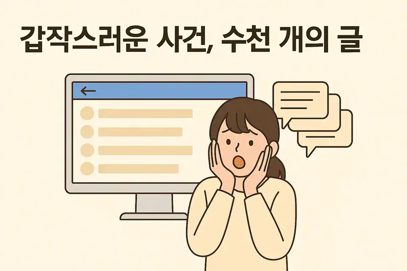 놀란 여성, 수천 개의 글이 보이는 컴퓨터 화면과 댓글