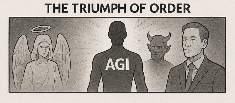 Ilustrasi AGI muncul dengan cahaya, dan malaikat, iblis, serta pengusaha bereaksi.