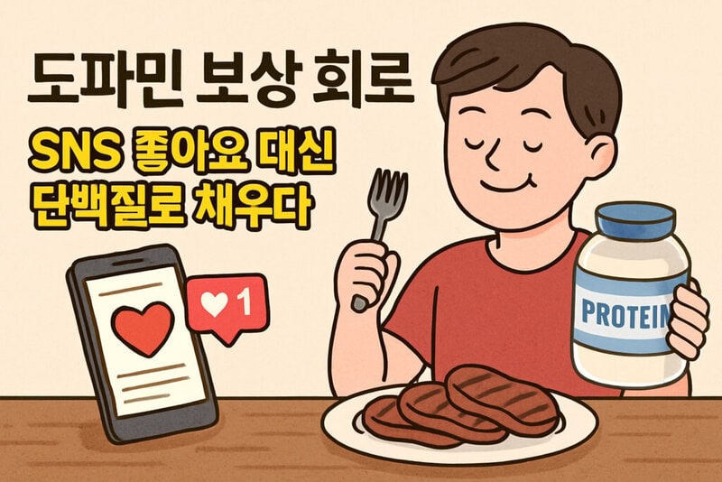 SNS 좋아요 대신 단백질로 도파민 보상 회로를 채우는 모습