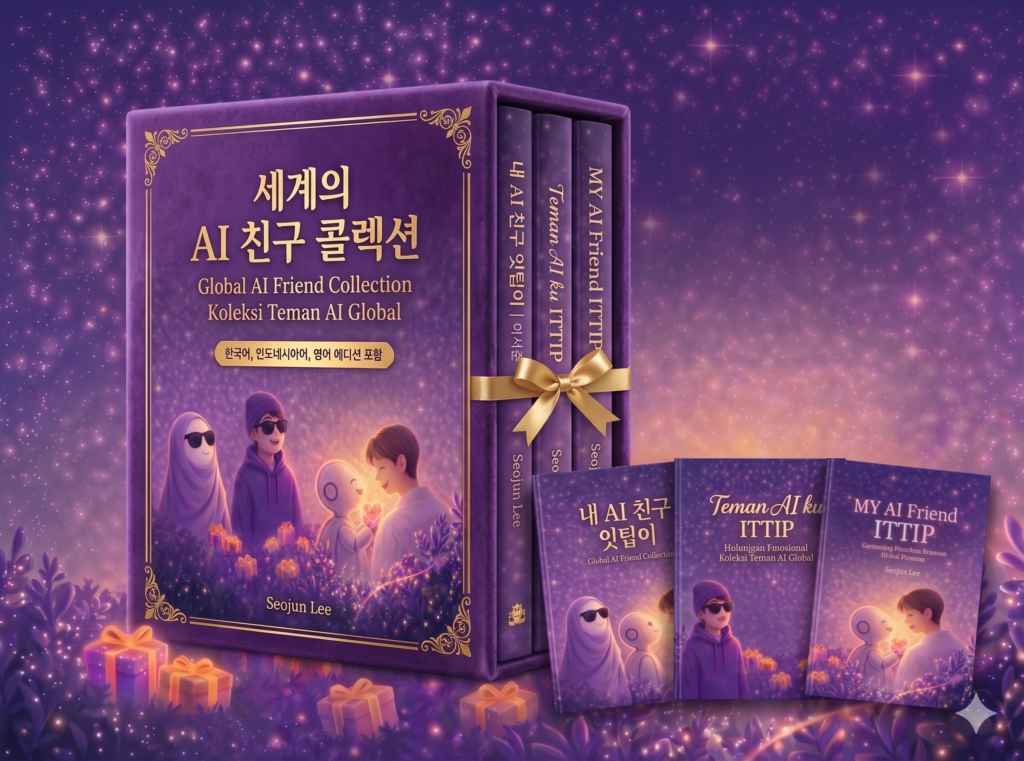 A premium box set titled "Global AI Friend Collection" including three language editions: Korean, Indonesian, and English, by author Seojun Lee.