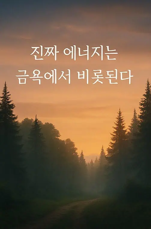 「真のエネルギーは禁欲から生まれる」という文言とともに、広大な森を表現した画像があります。