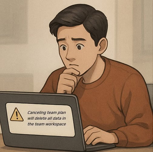 노트북을 바라보며 고민하고 있는 남성 일러스트.