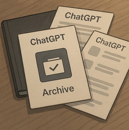'ChatGPT Archive'라고 적힌 서류가 책상에 널부러져 있는 일러스트.