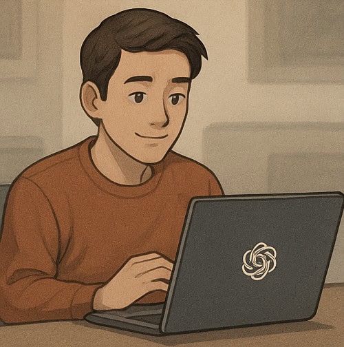 노트북을 보며 편안한 미소를 짓고 있는 남성의 일러스트.